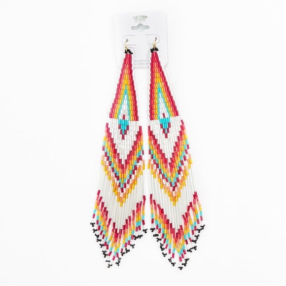 White Red Orange Turquoise Native American Tribal Boho Bead 8" Shoulder Earrings - Picture 2 of 6